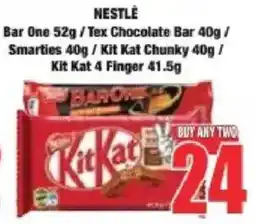Boxer Nestle Bar One/ Tex Chocolate Bar/ Smarties/ Kit Kat Chunky/ Kit Kat 4 Finger offer