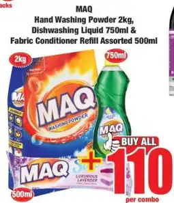 Boxer MAQ Hand Washing Powder 2kg, Dishwashing Liquid 750ml & Fabric Conditioner Refill Assorted 500ml offer