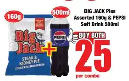 Boxer BIG JACK Pies Assorted 160g & PEPSI Soft Drink 500ml offer