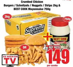 Boxer Crumbed Chicken Burgers / Schnitzels / Nuggets / Strips 2kg & BEST COOK Mayonnaise 750g offer