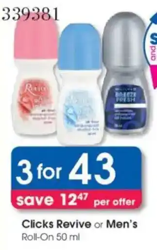 Clicks Clicks Revive or Men's Roll-On offer