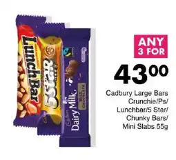 Save Cadbury Large Bars Crunchie/ Ps/ Lunchbar/ 5 Star/ Chunky Bars/ Mini Slabs offer