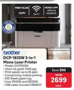 Makro Brother DCP-1610W 3-in-1 Mono Laser Printer offer