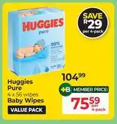 Dis-Chem Huggies Pure 4 x 56 Wipes Baby Wipes-Per Pack offer