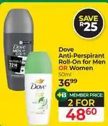 Dis-Chem Dove Anti-Perspirant Roll-On For Men Or Women-For 2 x 50ml offer