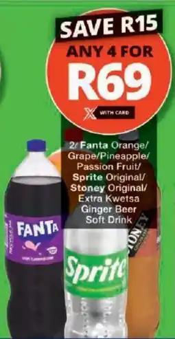 Checkers Hyper Fanta Orange/ Grape/ Pineapple/ Passion Fruit/ Sprite Original/ Stoney Original/ Extra Kwetsa Ginger Beer Soft Drink offer