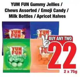 Boxer Superstores Yum Fun Gummy Jellies/ Chews Assorted/ Emoji Candy/ Milk Bottles/ Apricot Halves offer