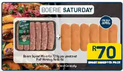 Pick n Pay Bomb Squad Wors 6s 720g per pack and PnP Hotdog Rolls 6s offer