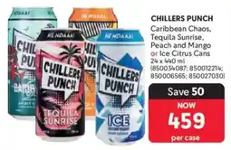 Makro’s liquor Chillers Punch Caribbean Chaos, Tequila Sunrise, Peach and Mango or Ice Citrus Cans offer