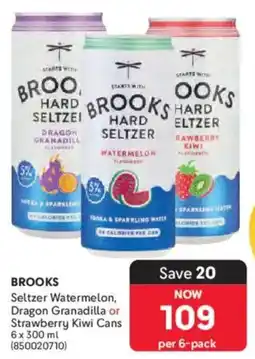 Makro’s liquor Brooks Seltzer Watermelon, Dragon Granadilla or Strawberry Kiwi Cans offer