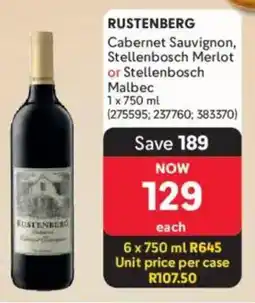Makro’s liquor Rustenberg Cabernet Sauvignon, Stellenbosch Merlot or Stellenbosch Malbec offer