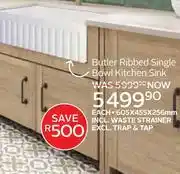 CTM Butler Ribbed Single Bowl Kitchen Sink 605 x 455 x 256mm Incl Waste Strainer,Excl Trap & Tap offer