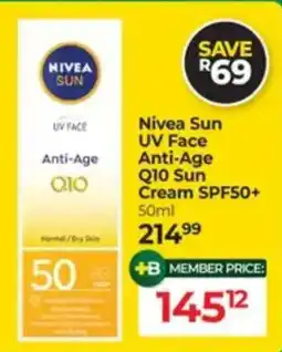 Dis-Chem Nivea Sun UV Face Anti-Age Q10 Sun Cream SPF50+ offer