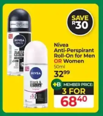 Dis-Chem Nivea Anti-Perspirant Roll-On for Men OR Women offer
