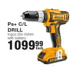 Build It Ingco Ps+ C/L Drill 20v 55Nm with battery offer