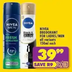 Shoprite Nivea deodorant for ladies/ men offer