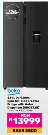 Game Beko 521 L Dark Inox Side-by-Side Freezer Fridge with Water Dispenser (GNO532B) offer