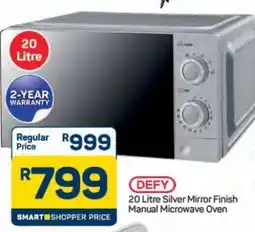 Pick n Pay Hypermarket DEFY 20 Litre Silver Mirror Finish Manual Microwave Oven offer