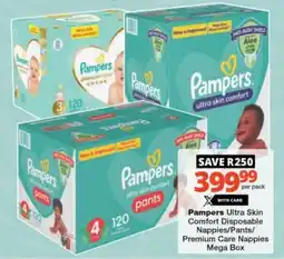 Checkers Pampers Ultra Skin Comfort Disposable Nappies/ Pants/ Premium Care Nappies Mega Box offer