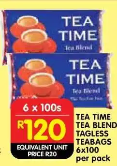 Shoprite TEA TIME TEA BLEND TAGLESS TEABAGS 6x100 offer