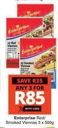 Checkers Enterprise Red/Smoked Viennas 3 x 500g offer