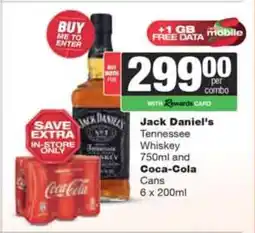 Spar Tops Jack Daniel's Tennessee Whiskey 750ml and Coca-Cola Cans 6 x 200ml offer