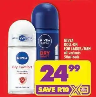 Shoprite NIVEA ROLL-ON FOR LADIES/MEN offer