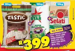 Shoprite Selati Brown Sugar 10kg + Tastic Long Grain Parboiled White Rice 10kg + White Star Maize Meal 10kg offer