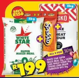Shoprite White Star Super Maize Meal 5kg + Sasko Cake Wheat Flour 5kg + Spekko Long Grain Parboiled Rice 5kg offer