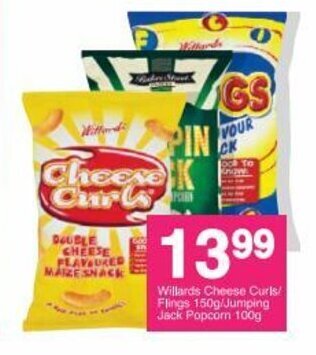 Save Willards Cheese Curls / Flings 150g / Jumping Jack Popcorn 100g offer