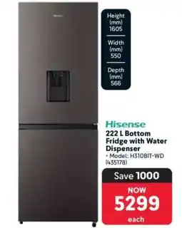 Makro Hisense 222 L Bottom Fridge with Water Dispenser offer