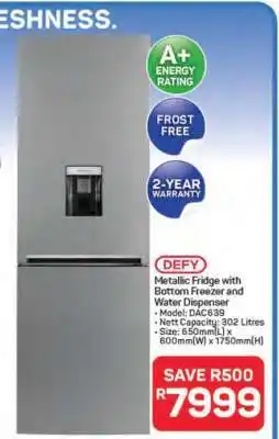 Pick n Pay Hypermarket DEFY Metallic Fridge with Bottom Freezer and Water Dispenser offer