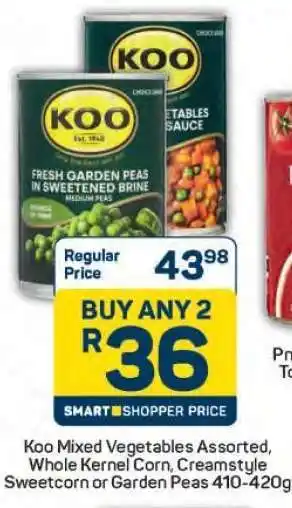 Pick n Pay Koo Mixed Vegetables Assorted, Whole Kernel Corn, Creamstyle Sweetcorn or Garden Peas 410-420g offer