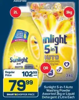 Pick n Pay Sunlight 5-in-1 Auto Washing Powder Assorted 3kg or Liquid Detergent 2 Litre Each offer