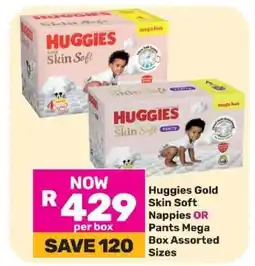 Game Huggies Gold Skin Soft Nappies OR Pants Mega Box Assorted Sizes offer
