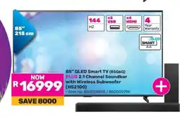 Game 85” QLED Smart TV (85Q6Q) PLUS 2.1 Channel Soundbar with Wireless Subwoofer (HS2100) offer