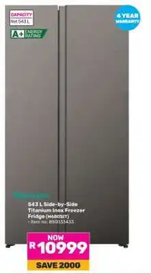 Game Hisense 543 L Side-by-Side Titanium Inox Freezer Fridge (H690SM) offer