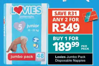 Checkers Lovies Jumbo Pack Disposable Nappies offer