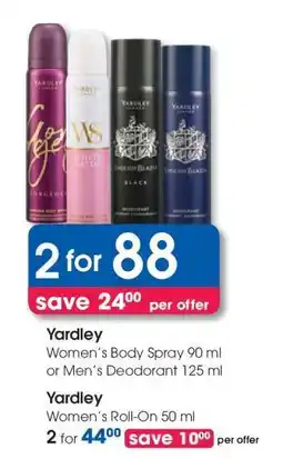 Clicks Yardley Women's Body Spray 90 ml or Men's Deodorant 125 ml offer