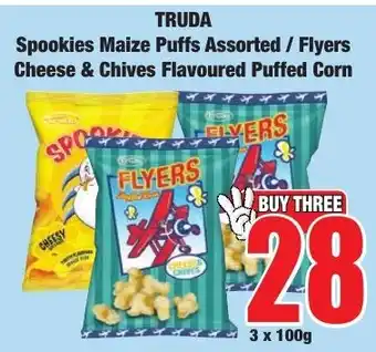 Boxer Superstores Truda Spookies Maize Puffs Assorted/ Flyers Cheese & Chives Flavoured Puffed Corn offer