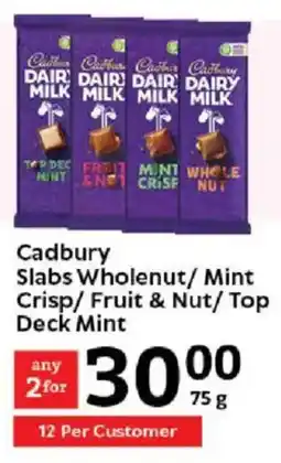 Oxford Freshmarket Cadbury Slabs Wholenut/ Mint Crisp/ Fruit & Nut/ Top Deck Mint offer