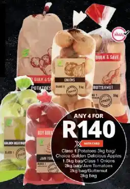 Checkers Class 1 Potatoes/ Choice Golden Delicious Apples/ Class 1 Onions/ Jam Tomatoes/ Butternut offer