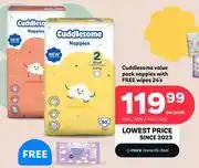 PEP Cuddlesome Value Pack Nappies 50s/46s/44s/42s With Free Wipes 24's offer