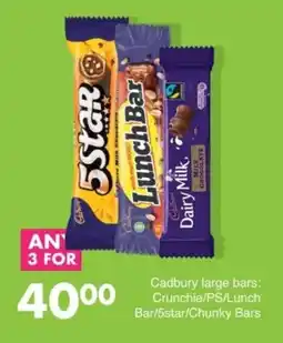 Save Hyper Cadbury large bars Crunchie/ PS/ Lunch Bar/ 5star/ Chunky Bars offer