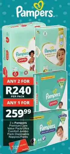 Checkers Pampers Premium Care Value Pack/ Ultra Comfort Jumbo Pack Disposable Nappies/ Pants offer