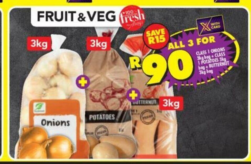 Class 1 Onions 3kg bag + Class 1 Potatoes 3kg bag + Butternut 3kg bag
