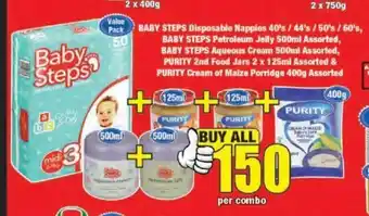 Boxer Baby Steps Disposable Nappie/Baby Steps Petroleum Jelly/Baby Steps Aqueous Cream/Purity 2nd Food Jars/Purity Cream of Maize P offer