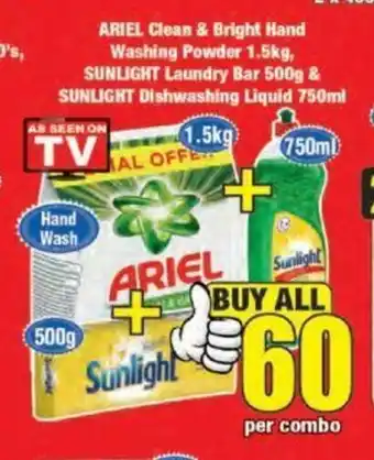 Boxer Ariel Clean & Bright Hand Washing Powder 1.5kg, Sunlight Laundry Bar 500g & Sunlight Dishwashing Liquid 750ml offer