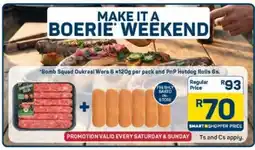 Pick n Pay Bomb Squad Oukraal Wors 6 x120g per pack and PnP Hotdog Rolls 6s offer