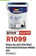 Leroy Merlin Dulux Acrylic PVA Wall Paint Matt (Brilliant White) 81416512-20Ltr offer